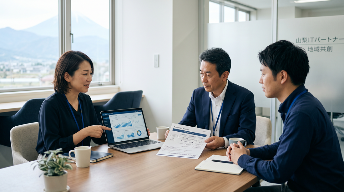 山梨県内企業向けIT支援をイメージした、落ち着いた打ち合わせ風景